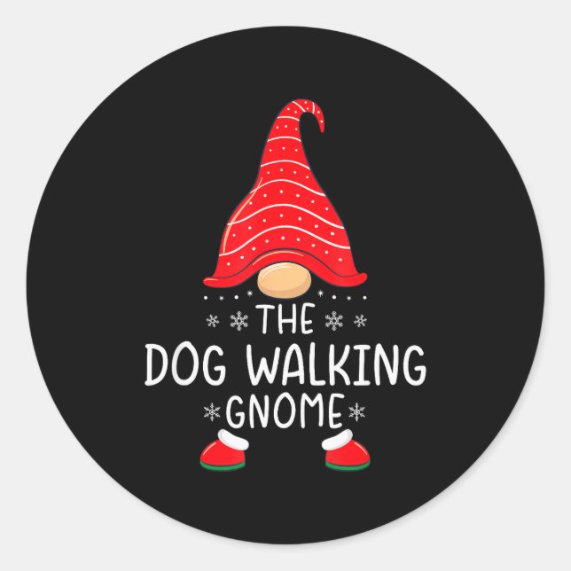 The Dog Walking Gnome Xmas Family Matching Funny C Classic Round Sticker (Front)