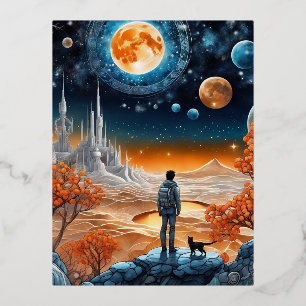 The dreamer is a young person who stands in front  foil holiday postcard