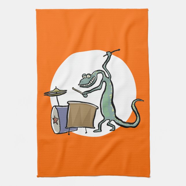 The drum playing lizard kitchen towel (Vertical)
