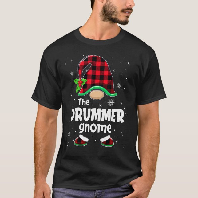 The Drummer Gnome Buffalo Plaid Christmas Matching T-Shirt (Front)