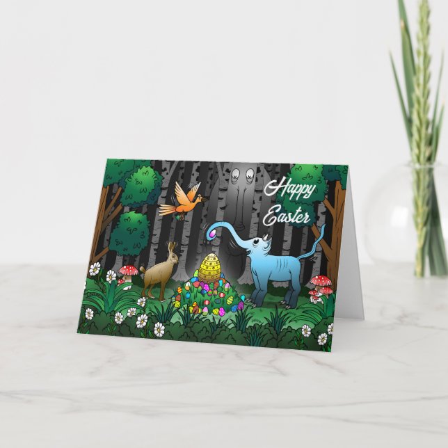 The Easter Bunny collects Easter eggs Holiday Card (Front)