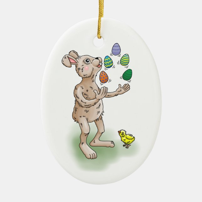 The Easter Bunny juggles with the Easter eggs Ceramic Ornament (Front)