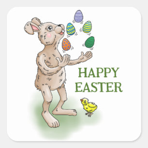 The Easter Bunny juggles with the Easter eggs Square Sticker