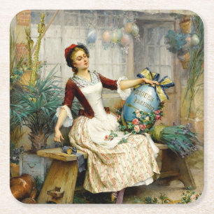 The Easter Eggs, fine art vintage painting Square Paper Coaster