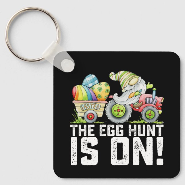 The Egg Hunt Is On Gnome Funny Easter Keychain (Front)
