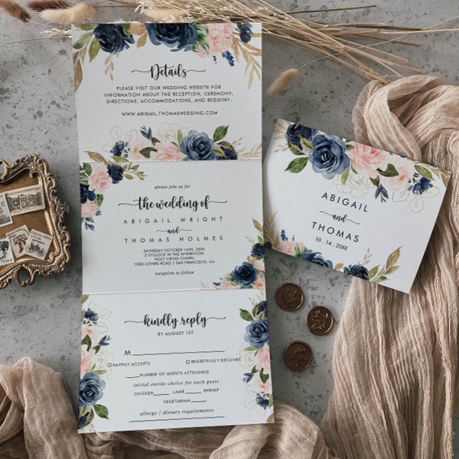 The Elegant Gold Blue Floral Wedding of  Tri-Fold Invitation (Creator Uploaded)