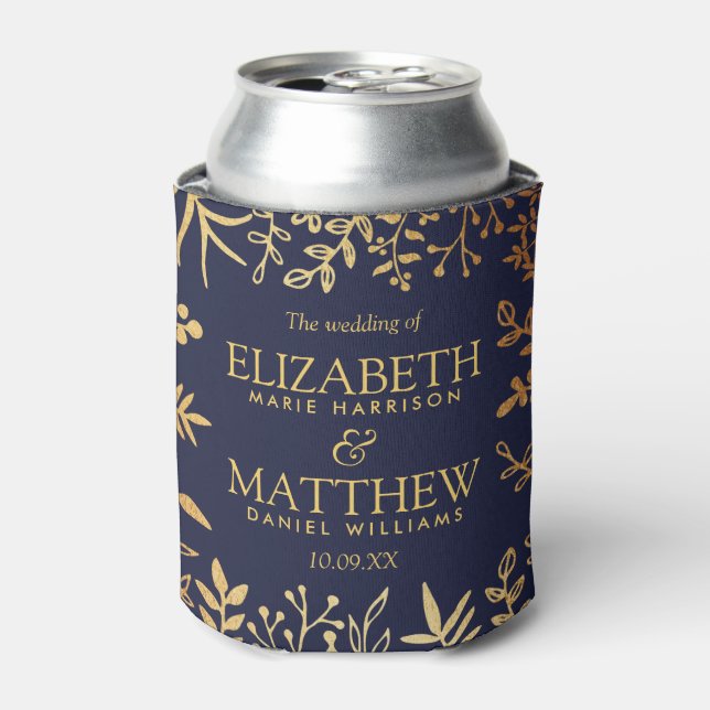 The Elegant Navy & Gold Floral Wedding Collection Can Cooler (Can Front)