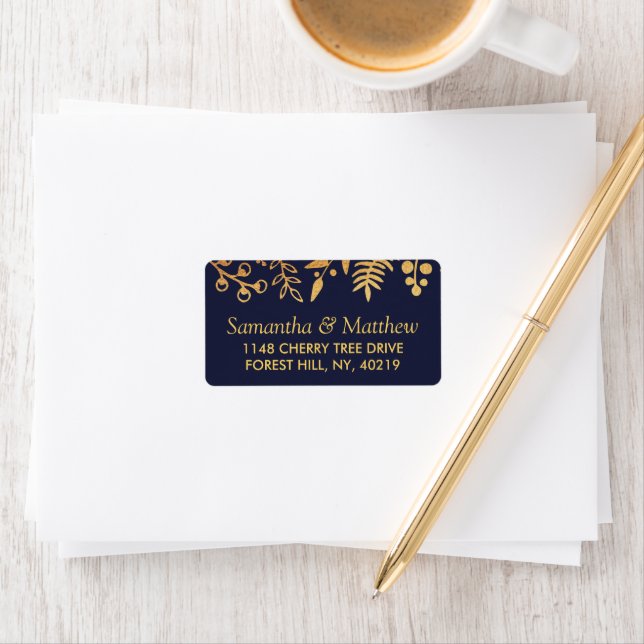 The Elegant Navy & Gold Floral Wedding Collection Label (Insitu)