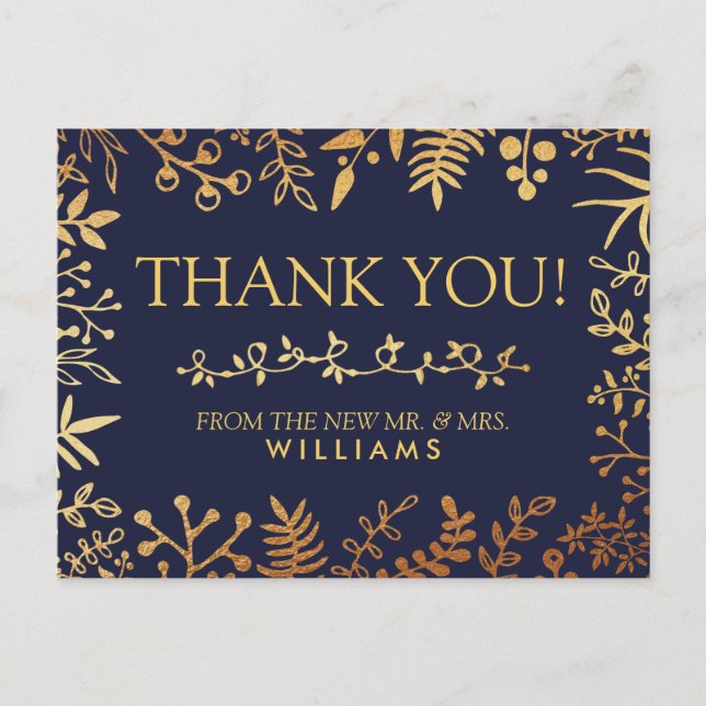The Elegant Navy & Gold Floral Wedding Collection Postcard (Front)