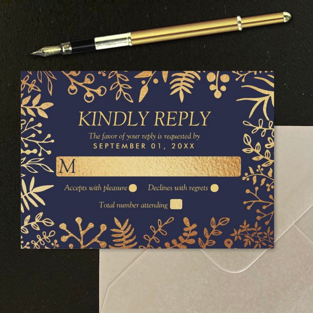 The Elegant Navy & Gold Floral Wedding Collection RSVP Card (Creator Uploaded)