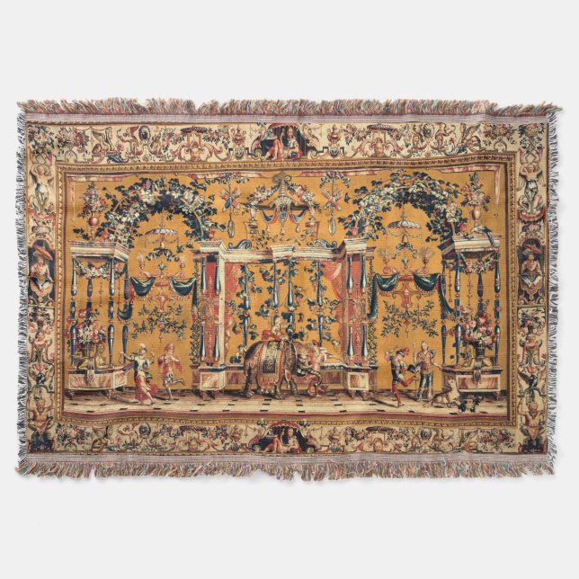 The Elephant Antique French Tapestry Print Throw Blanket (Front)