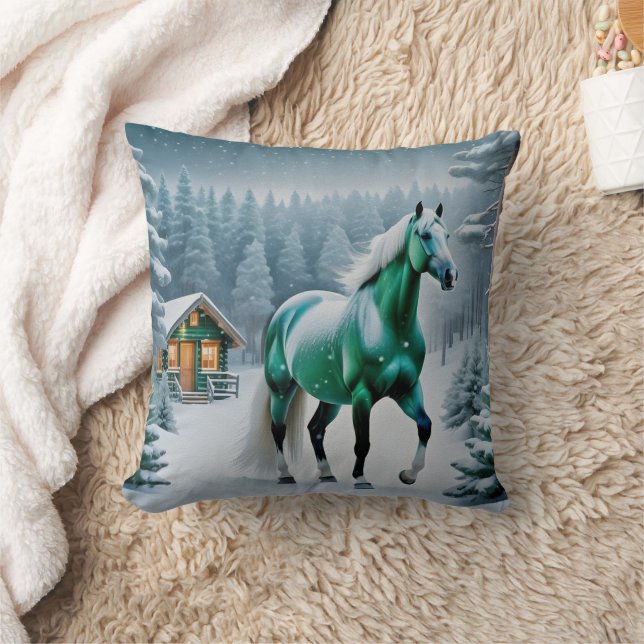 The Enchanted Green Horse Throw Pillow (Blanket)