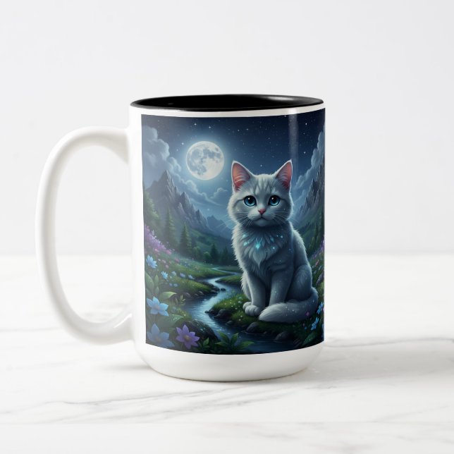 The Enchanted Moonlight Cat Ceramic Mug (Left)