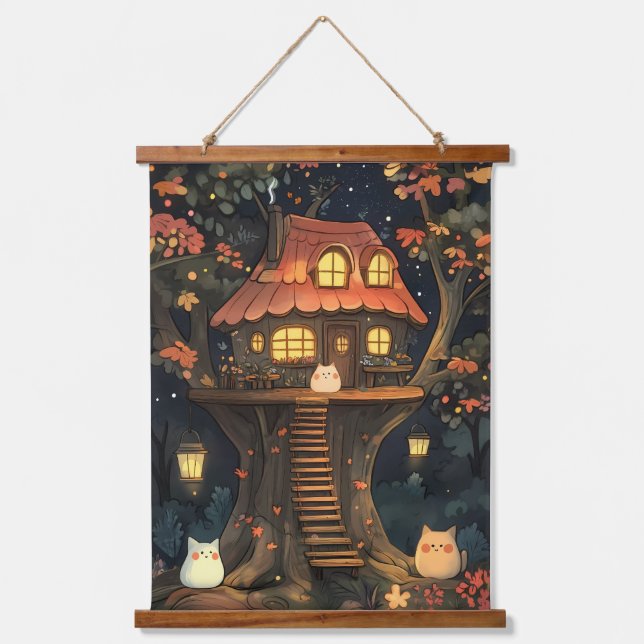 The Enchanted Treehouse of Glow Cats Hanging Tapestry (Front)