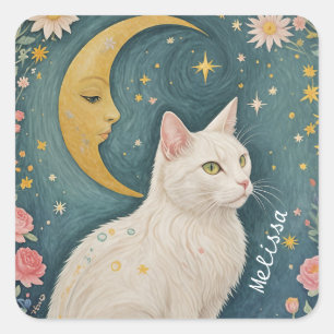 The Enchanting White Cat with Green Eyes Square Sticker