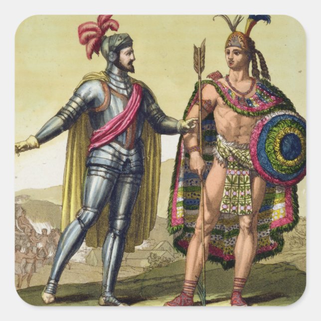 The Encounter between Hernando Cortes (1485-1547) Square Sticker (Front)