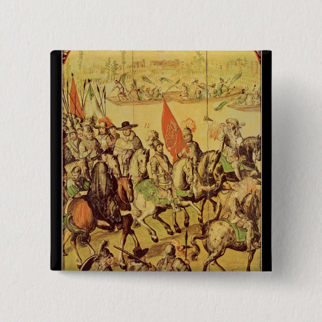 The encounter between Hernando Cortes 2 Inch Square Button (Front)