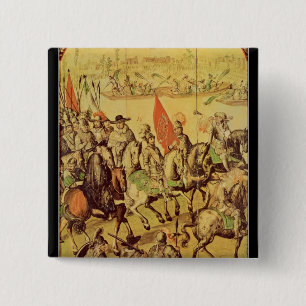 The encounter between Hernando Cortes 2 Inch Square Button