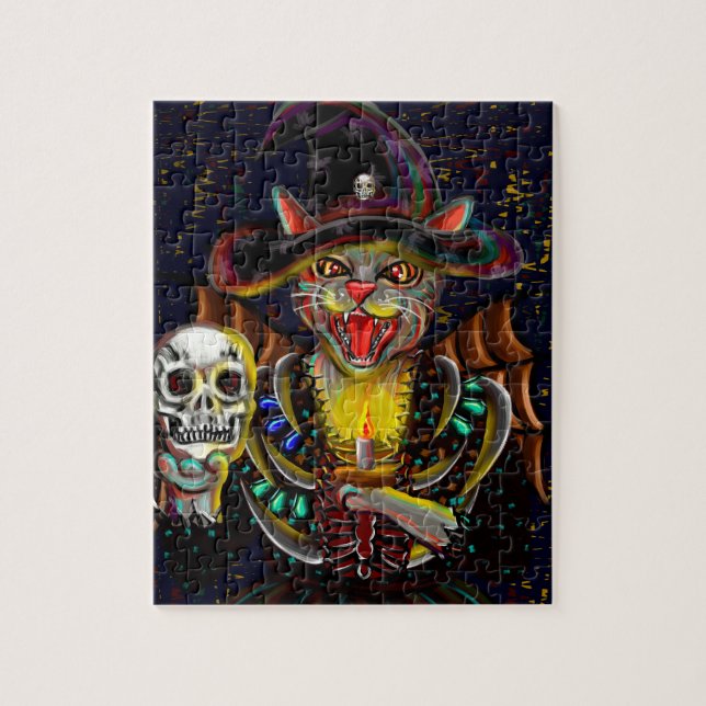 The Evil Witch Cat Holds a Skull and a Candle Jigsaw Puzzle (Vertical)
