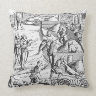 The extraction of metals, after a woodcut in 'Cosm Throw Pillow
