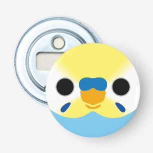 The face of a pastel rainbow male budgie bottle opener