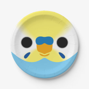 The face of a pastel rainbow male budgie paper plate