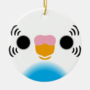 The face of a sky blue recessive pied budgie ceramic ornament