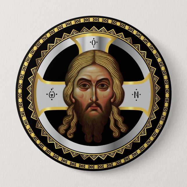 The Face Of Christ Orthodox Black Icon 4 Inch Round Button (Front)