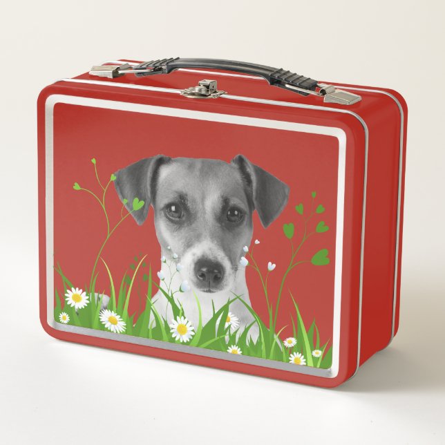 The Fall 2024 collection Red blk/wht dog and grass Metal Lunch Box (Front)