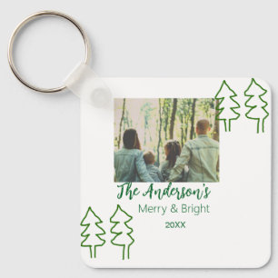 The family name green Christmas tree photo modern Keychain