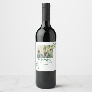 The family name green Christmas tree photo modern Wine Label