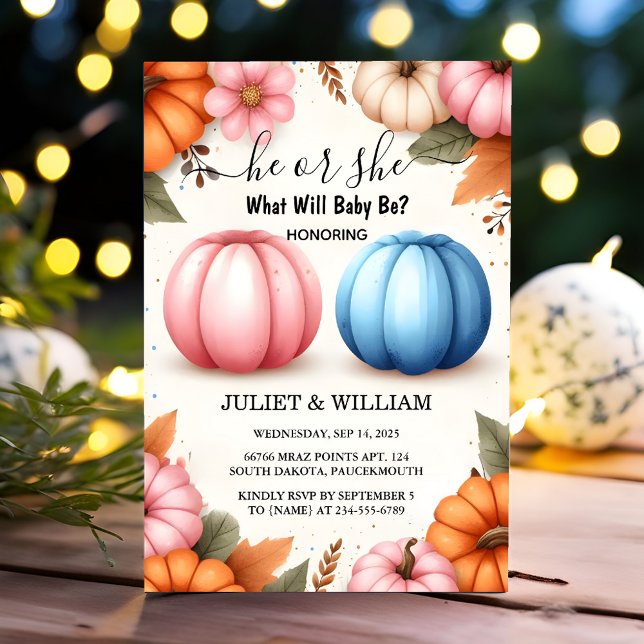 The Farm Pink Blue Fall Girl Pumpkin Gender Reveal Invitation (Creator Uploaded)