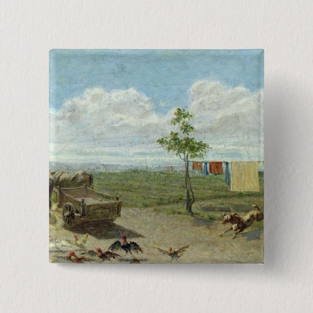 The Farmyard (oil on canvas) 2 Inch Square Button (Front)
