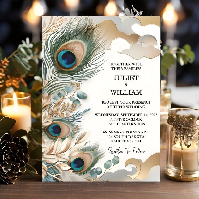 The Feather Rustic Asian Sky Cloud Peacock Wedding Invitation (Creator Uploaded)
