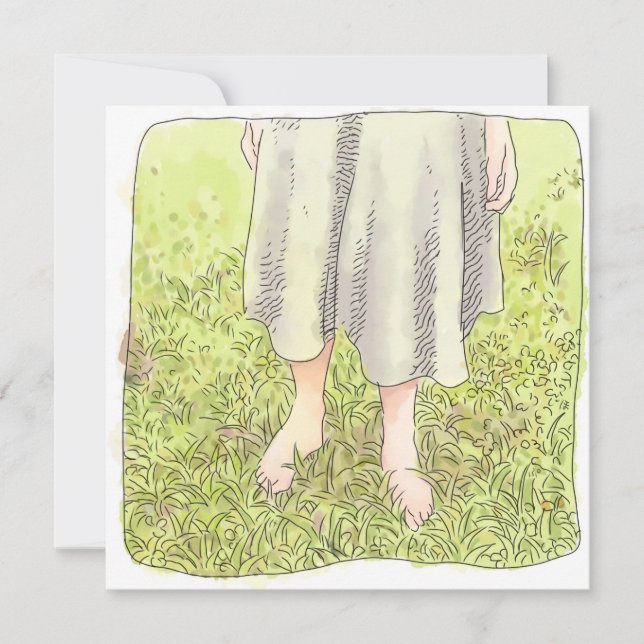 the feet of a one-piece woman standing barefoot on card (Front)