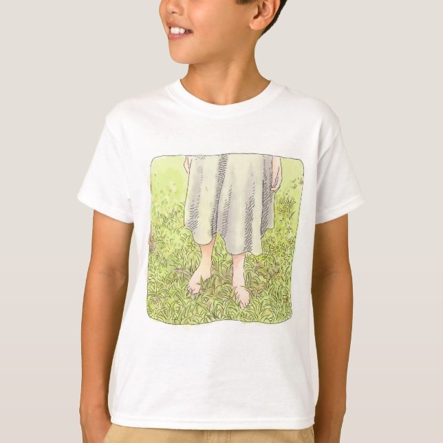 the feet of a one-piece woman standing barefoot on T-Shirt (Front)