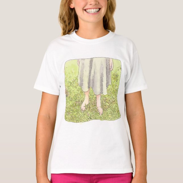 the feet of a one-piece woman standing barefoot on T-Shirt (Front)