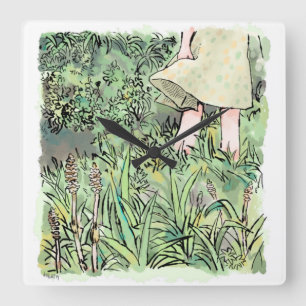 the feet of a woman standing on a busy green plain square wall clock