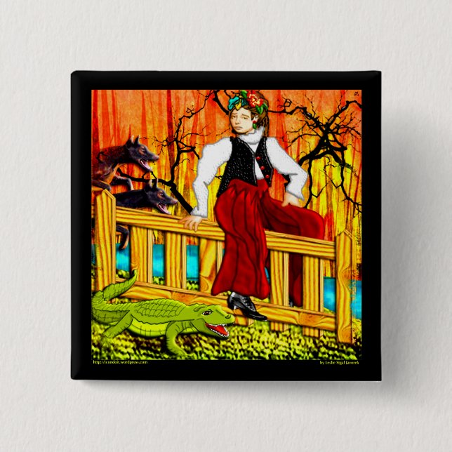The Fence Sitter (pin) 2 Inch Square Button (Front)