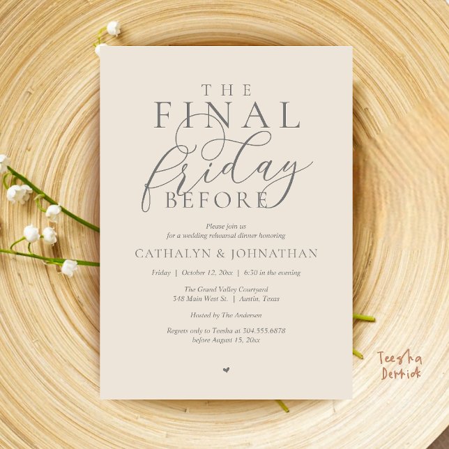 “The Final Friday Before” Classy Rehearsal Dinner Invitation (“The Final Friday Before” Romance Classy Rehearsal Dinner Invitation Card in Cream Grey)