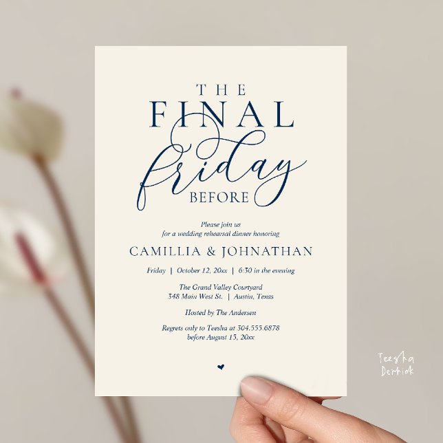 “The Final Friday Before” Romance Rehearsal Dinner Invitation (“The Final Friday Before” Romance Rehearsal Dinner Invitation Card in Navy Blue Ivory)