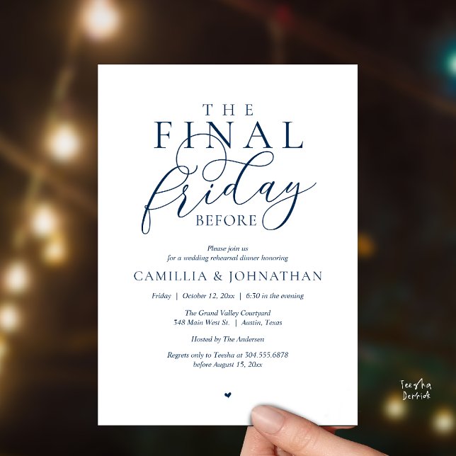 “The Final Friday Before” Romance Rehearsal Dinner Invitation (“The Final Friday Before” Romance Rehearsal Dinner Invitation Card in Navy Blue)
