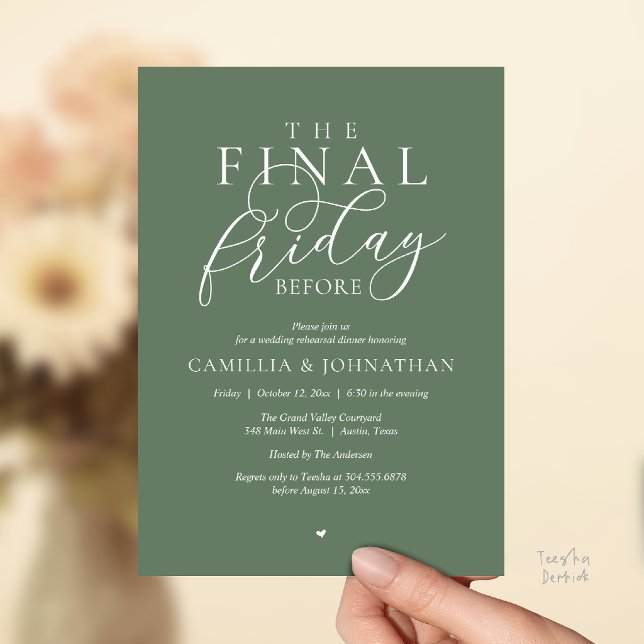 “The Final Friday Before” Romance Rehearsal Dinner Invitation (“The Final Friday Before” Romance Rehearsal Dinner Invitation Card in Sage Green)