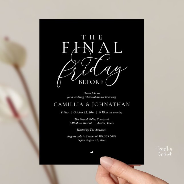 “The Final Friday Before” Romance Rehearsal Dinner Invitation (“The Final Friday Before” Romance Rehearsal Dinner Invitation Card in Minimalist Black)