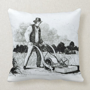 The first lawnmower (engraving) (b/w photo) throw pillow