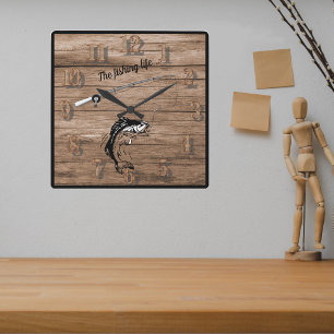 The Fishing Life with Fish Rod Reel Line Hook  Square Wall Clock