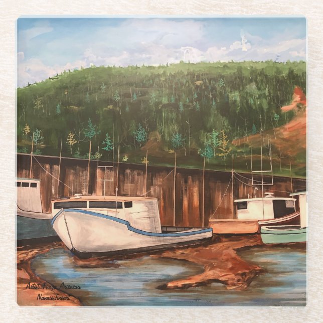 The Fishing Village Original Hand Painted Artwork Glass Coaster (Front)
