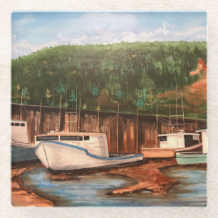The Fishing Village Original Hand Painted Artwork Glass Coaster
