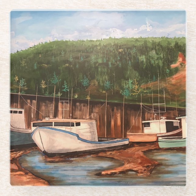The Fishing Village Original Hand Painted Artwork Glass Coaster (Front)