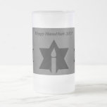 The Flame & Star - Frosted Glass Beer Mug<br><div class="desc">This image is a flame from a candle. A star around the flame represents Hanukkah. Done in a black tattoo. "Happy Hanukkah 2014" was added along with a light black backround. Customize with your own words. These mugs are available in assorted styles,  colours and sizes.</div>